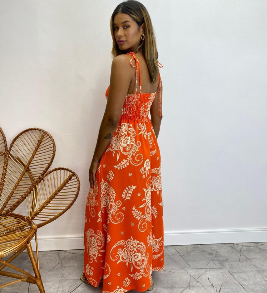 Vestido Longo sem Bojo Liz Amarração nas Alças Estampado Laranja - Fernanda Ramos Store