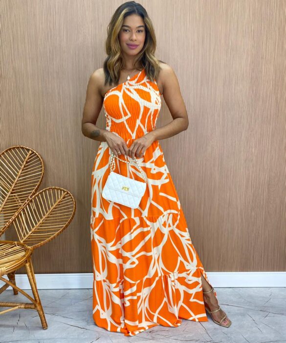 Vestido Longo sem Bojo Nina com Lastex Nula Manga Laranja Estampado - Fernanda Ramos Store