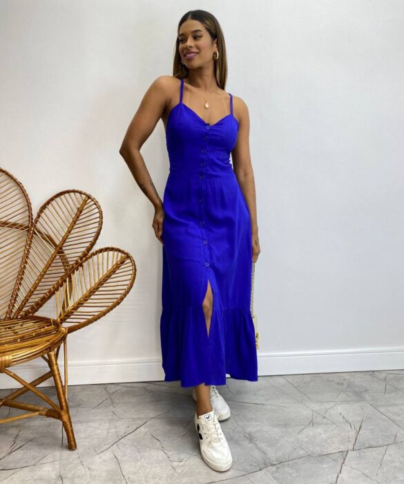 Vestido Longuete com Bojo e Botões Alça Regulável Azul Bic - Fernanda Ramos Store