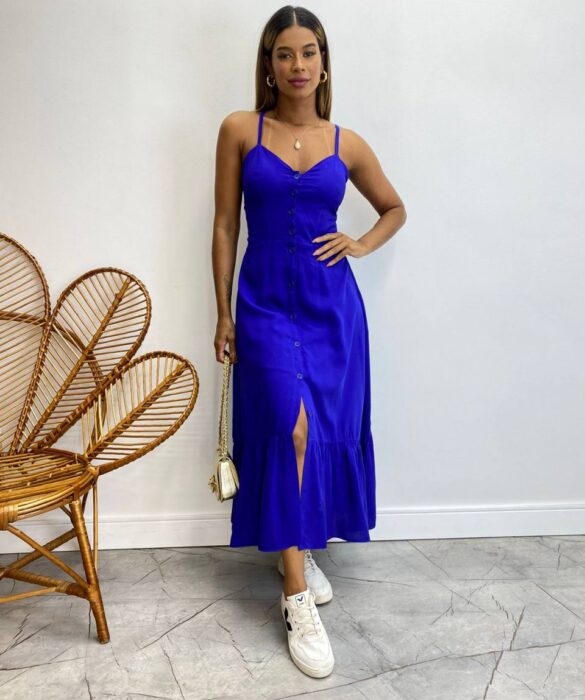 Vestido Longuete com Bojo e Botões Alça Regulável Azul Bic - Fernanda Ramos Store