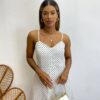 Vestido Longuete com Bojo e Botões Alça Regulável Poá Branco - Fernanda Ramos Store