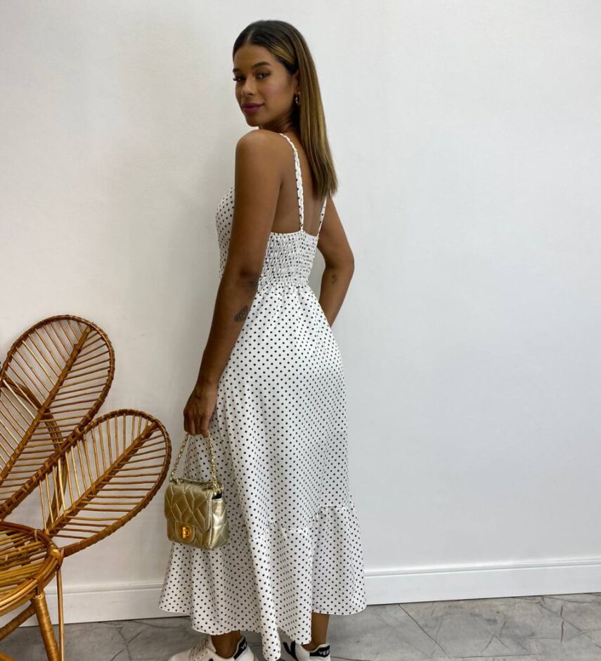 Vestido Longuete com Bojo e Botões Alça Regulável Poá Branco - Fernanda Ramos Store