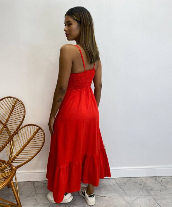 Vestido Longuete com Bojo e Botões Alça Regulável Vermelho - Fernanda Ramos Store