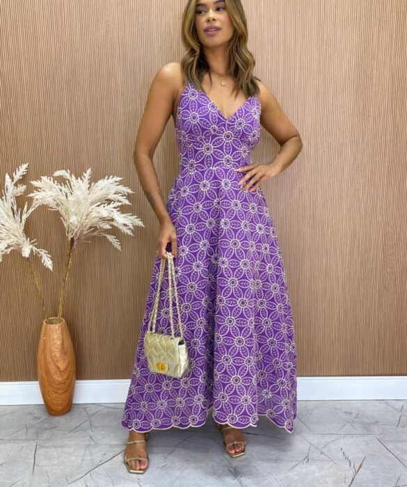 Vestido Longuete sem Bojo Leticia Bordado Tricoline Fúcsia - Fernanda Ramos Store