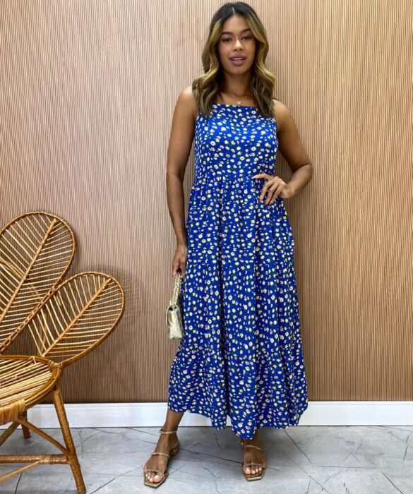 Vestido Longuete sem Bojo Viscolinho Erica Estampa Floral Azul - Fernanda Ramos Store