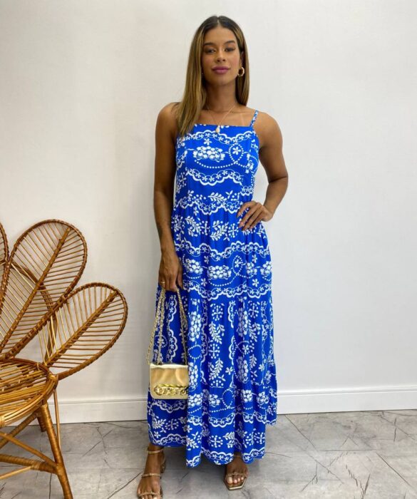 Vestido Longuete sem Bojo Viscolinho Erica Estampado Azul - Fernanda Ramos Store