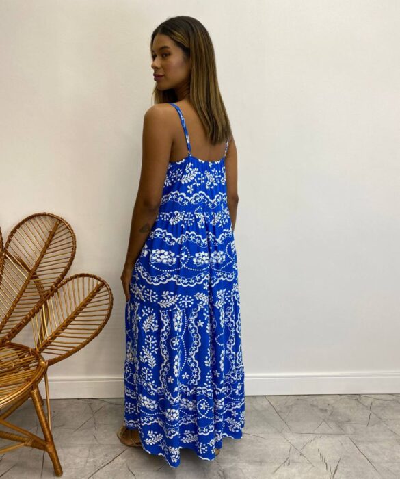 Vestido Longuete sem Bojo Viscolinho Erica Estampado Azul - Fernanda Ramos Store