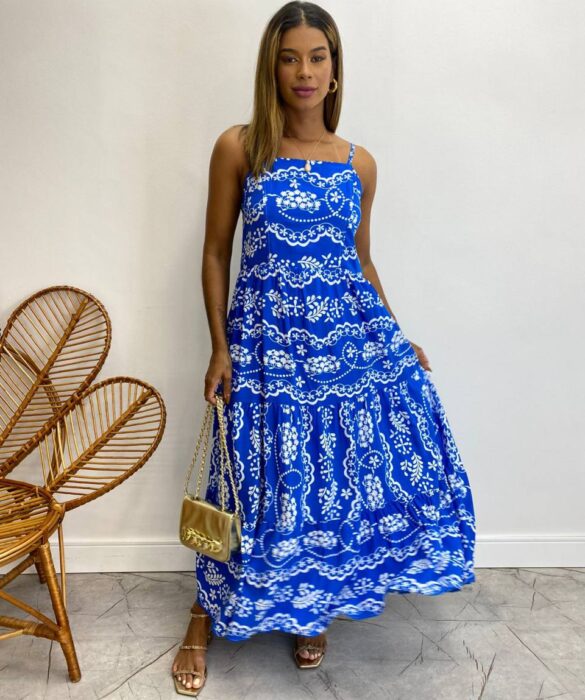 Vestido Longuete sem Bojo Viscolinho Erica Estampado Azul - Fernanda Ramos Store