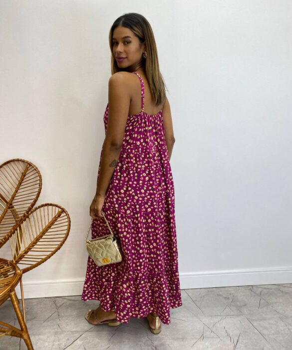 Vestido Longuete sem Bojo Viscolinho Erica Estampado Fúcsia - Fernanda Ramos Store