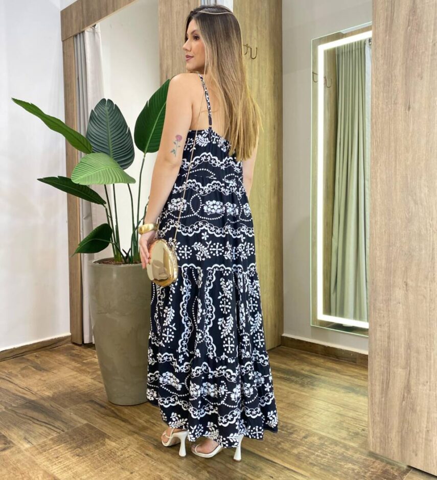 Vestido Longuete sem Bojo Viscolinho Erica Estampado Preto - Fernanda Ramos Store
