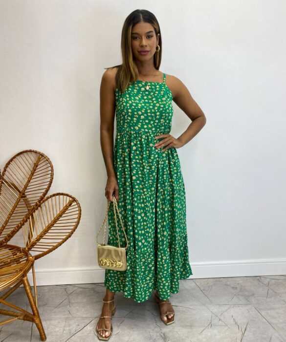 Vestido Longuete sem Bojo Viscolinho Erica Estampado Verde - Fernanda Ramos Store