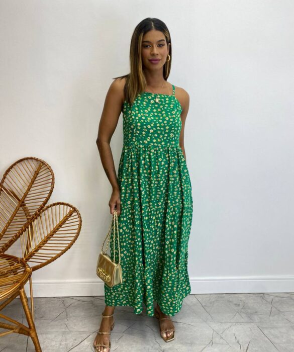 Vestido Longuete sem Bojo Viscolinho Erica Estampado Verde - Fernanda Ramos Store