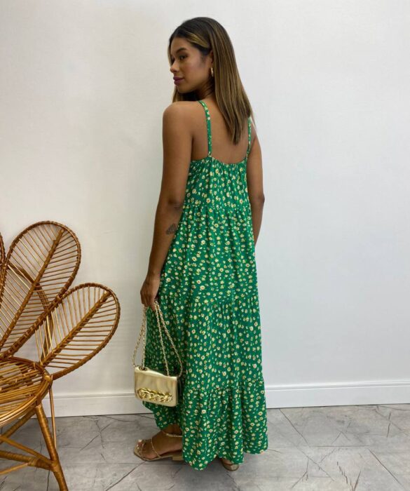 Vestido Longuete sem Bojo Viscolinho Erica Estampado Verde - Fernanda Ramos Store