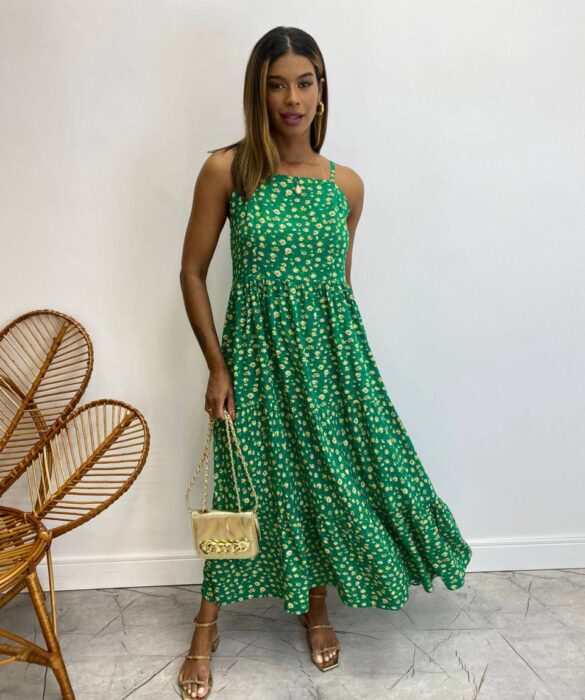 Vestido Longuete sem Bojo Viscolinho Erica Estampado Verde - Fernanda Ramos Store