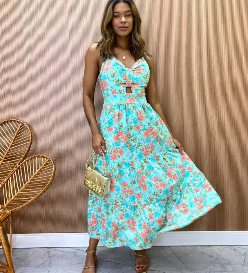 Vestido Midi Alça Regulável com Bojo Victória Estampado Verde - Fernanda Ramos Store