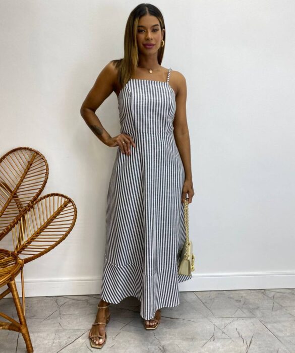 Vestido Midi com Bojo Ariane Alça Regulável Listrado - Fernanda Ramos Store