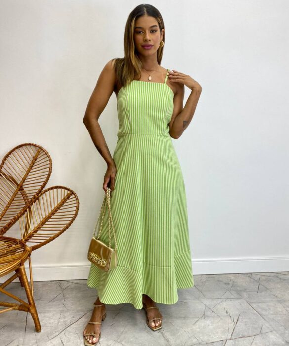 Vestido Midi com Bojo Ariane Alça Regulável Listrado Verde - Fernanda Ramos Store