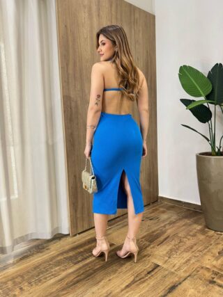 Vestido Midi com Bojo Canelado Graziele Azul - Fernanda Ramos Store