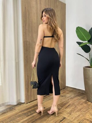 Vestido Midi com Bojo Canelado Graziele Preto - Fernanda Ramos Store