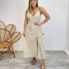 Vestido Midi com Bojo e Fenda Tricoline Listrado Bege - Fernanda Ramos Store