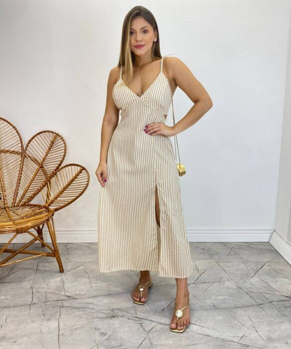 Vestido Midi com Bojo e Fenda Tricoline Listrado Bege - Fernanda Ramos Store