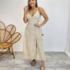 Vestido Midi com Bojo e Fenda Tricoline Listrado Bege - Fernanda Ramos Store