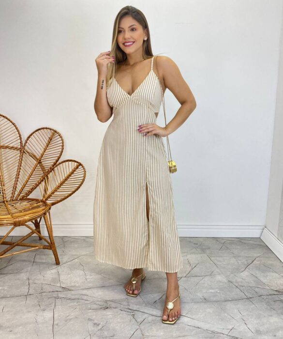 Vestido Midi com Bojo e Fenda Tricoline Listrado Bege - Fernanda Ramos Store