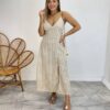 Vestido Midi com Bojo e Fenda Tricoline Listrado Bege - Fernanda Ramos Store