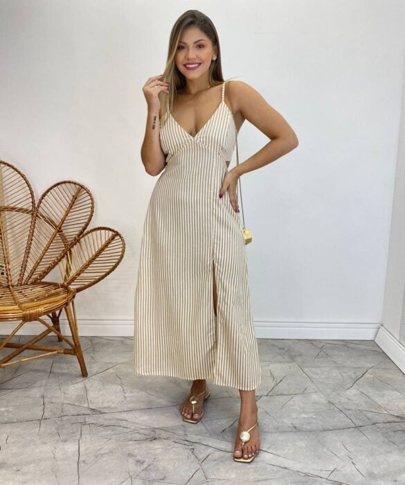 Vestido Midi com Bojo e Fenda Tricoline Listrado Bege - Fernanda Ramos Store