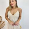 Vestido Midi com Bojo e Fenda Tricoline Listrado Bege - Fernanda Ramos Store