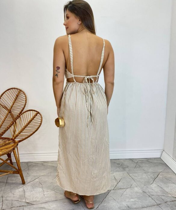 Vestido Midi com Bojo e Fenda Tricoline Listrado Bege - Fernanda Ramos Store