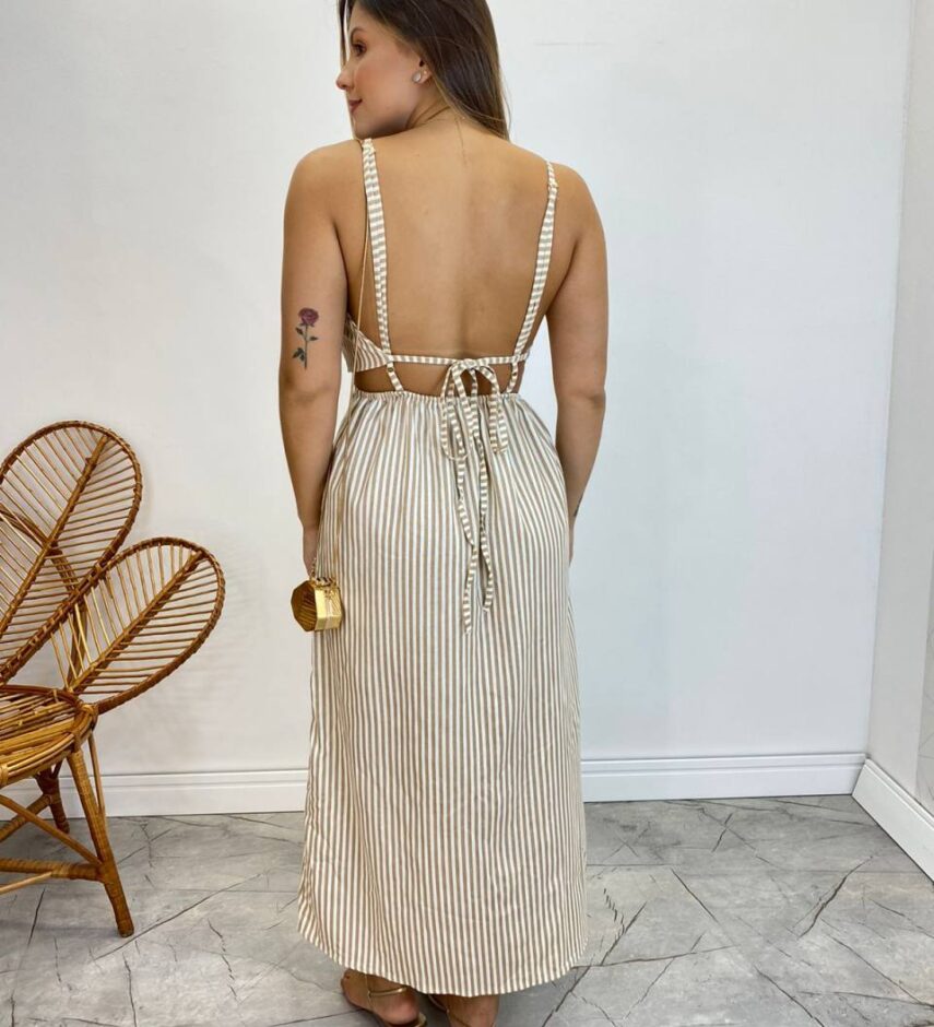 Vestido Midi com Bojo e Fenda Tricoline Listrado Bege - Fernanda Ramos Store