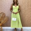 Vestido Midi com Bojo e Fenda Tricoline Listrado Verde - Fernanda Ramos Store