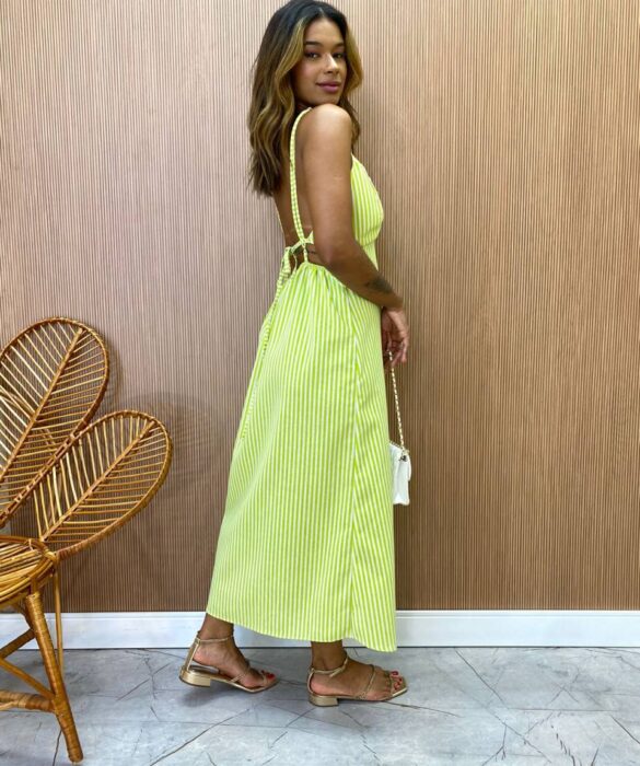 Vestido Midi com Bojo e Fenda Tricoline Listrado Verde - Fernanda Ramos Store