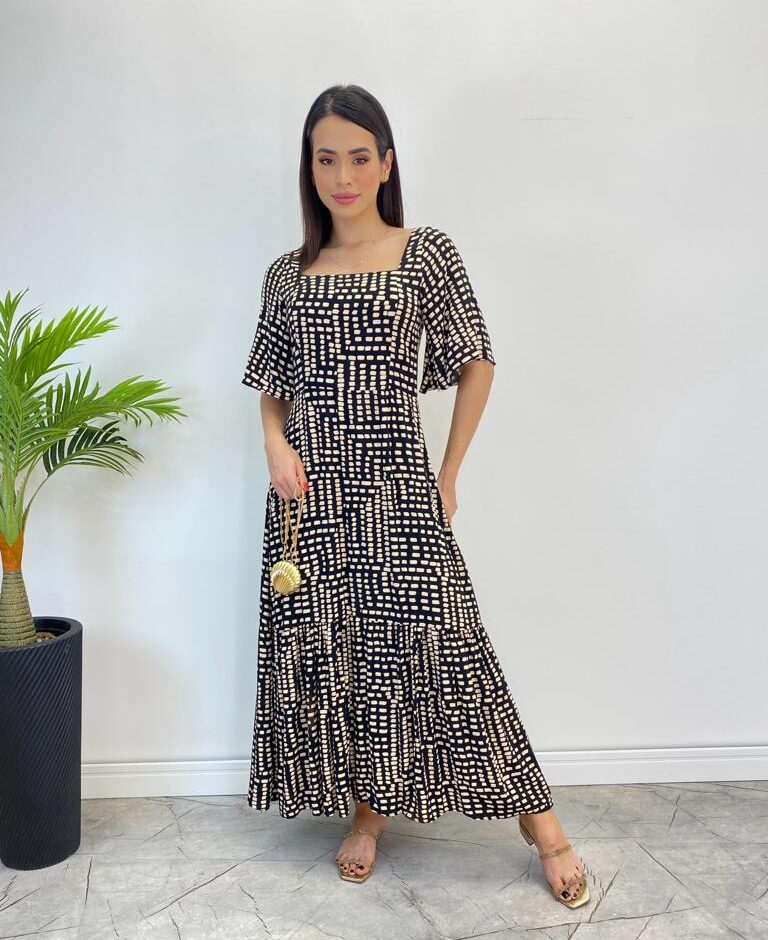 Vestido Midi Manga Curta sem Bojo Isabella com Estampa Preto - Fernanda Ramos Store