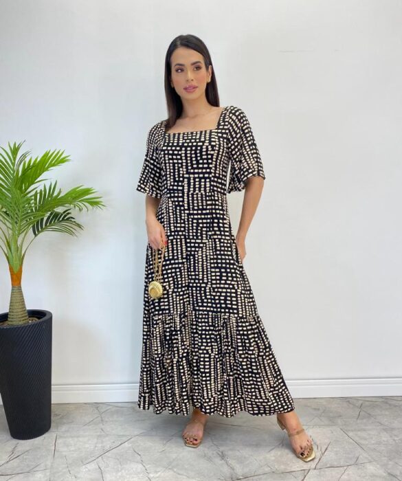 Vestido Midi Manga Curta sem Bojo Isabella com Estampa Preto - Fernanda Ramos Store