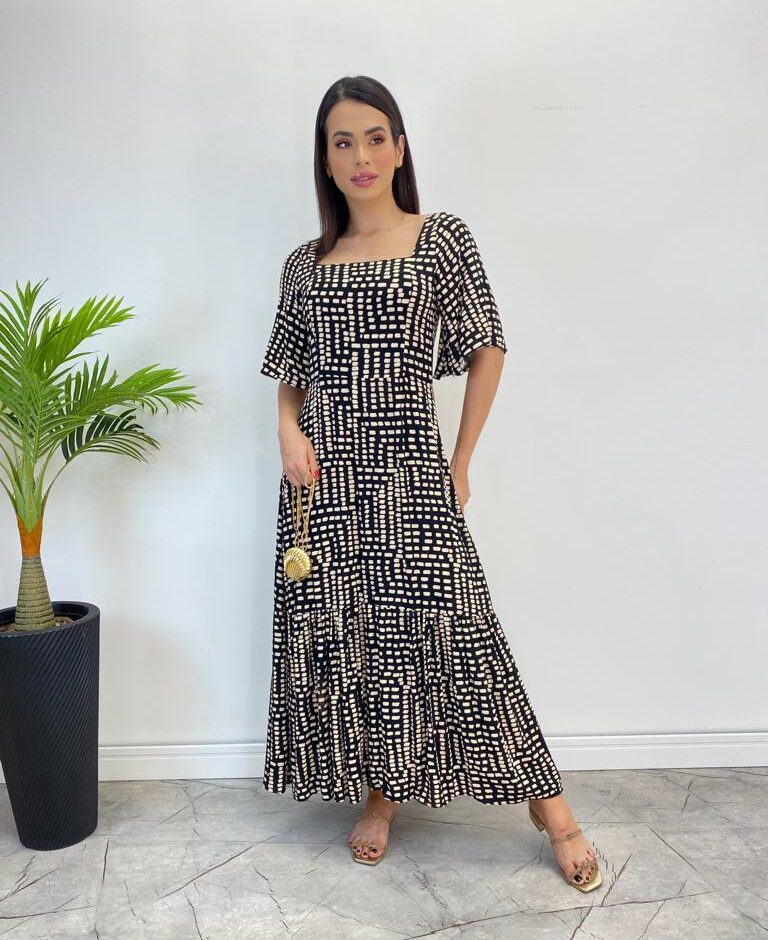 Vestido Midi Manga Curta sem Bojo Isabella com Estampa Preto - Fernanda Ramos Store