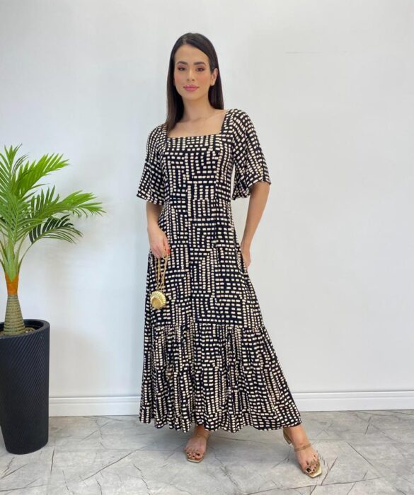 Vestido Midi Manga Curta sem Bojo Isabella com Estampa Preto - Fernanda Ramos Store