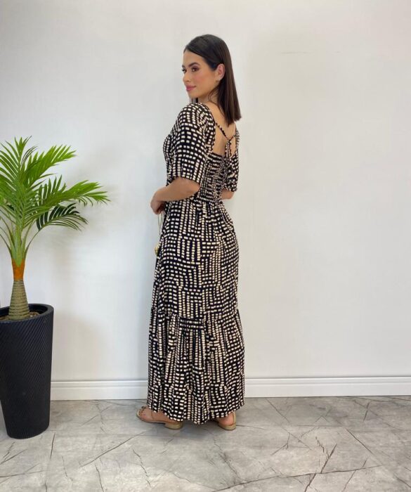 Vestido Midi Manga Curta sem Bojo Isabella com Estampa Preto - Fernanda Ramos Store