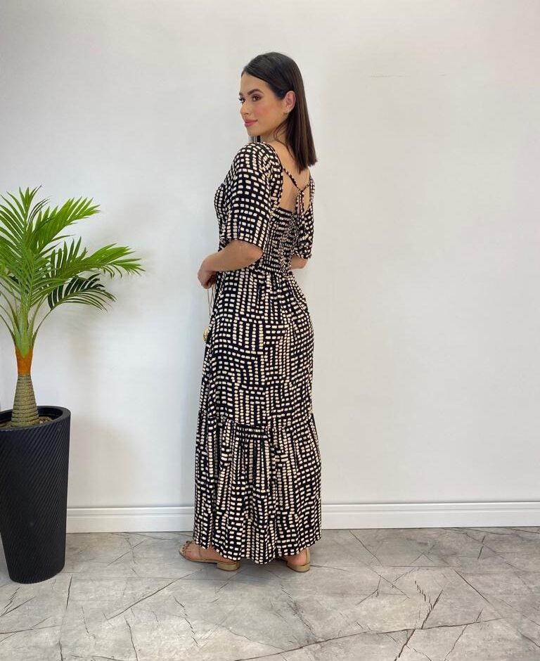 Vestido Midi Manga Curta sem Bojo Isabella com Estampa Preto - Fernanda Ramos Store