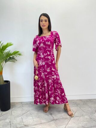 Vestido Midi Manga Curta sem Bojo Isabella Estampado Fúcsia - Fernanda Ramos Store