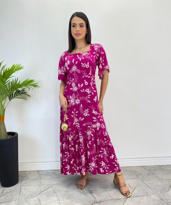 Vestido Midi Manga Curta sem Bojo Isabella Estampado Fúcsia - Fernanda Ramos Store