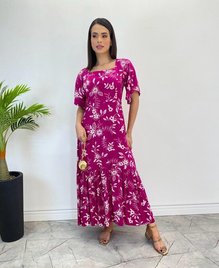 Vestido Midi Manga Curta sem Bojo Isabella Estampado Fúcsia - Fernanda Ramos Store