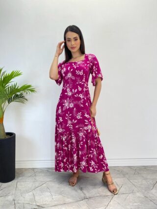 Vestido Midi Manga Curta sem Bojo Isabella Estampado Fúcsia - Fernanda Ramos Store