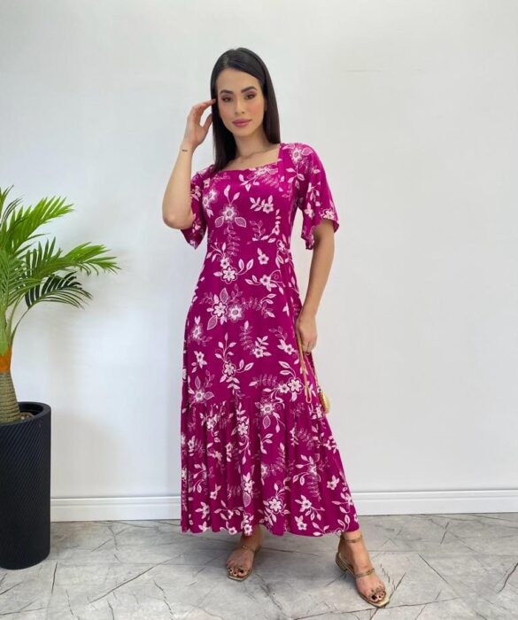 Vestido Midi Manga Curta sem Bojo Isabella Estampado Fúcsia - Fernanda Ramos Store