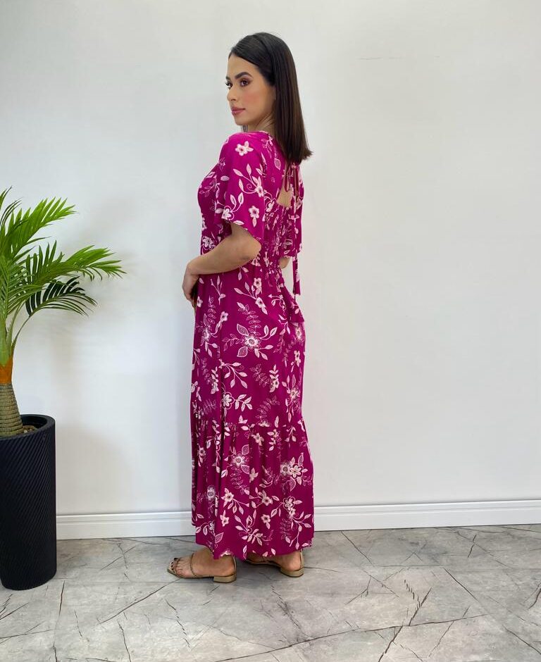 Vestido Midi Manga Curta sem Bojo Isabella Estampado Fúcsia - Fernanda Ramos Store