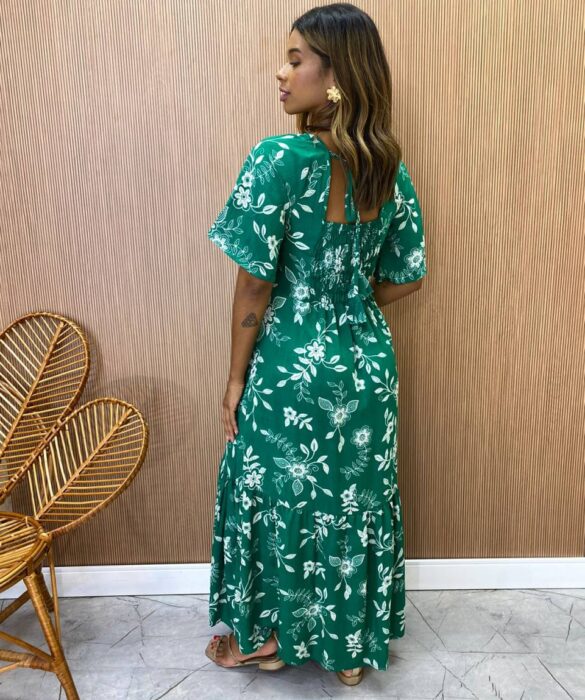 Vestido Midi Manga Curta sem Bojo Isabella Estampado Verde - Fernanda Ramos Store