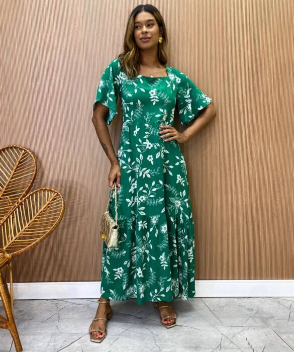 Vestido Midi Manga Curta sem Bojo Isabella Estampado Verde - Fernanda Ramos Store