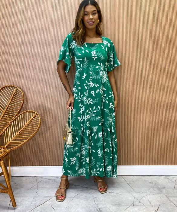 Vestido Midi Manga Curta sem Bojo Isabella Estampado Verde - Fernanda Ramos Store