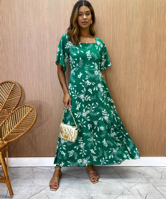 Vestido Midi Manga Curta sem Bojo Isabella Estampado Verde - Fernanda Ramos Store